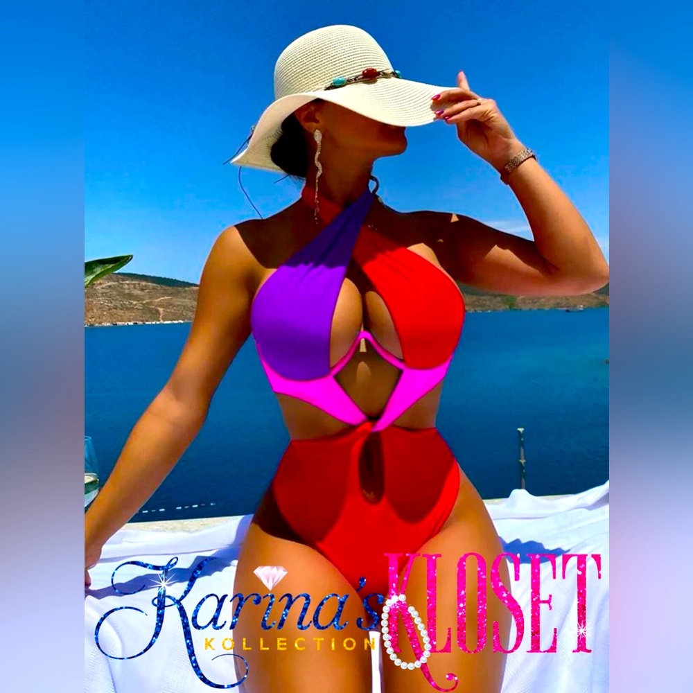 NWT Paradise Color-block One-piece Swimsuit, Underwire, Purple & Red Bikini